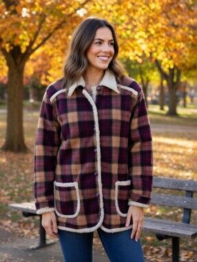 Graffiti Brown Plaid Fleece Sherpa Trim Shacket Style Jacket Size M
